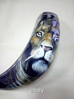 17-18 Ram Horn Shofar. Hand painted polished new. Lion Of Judah. One of a kind