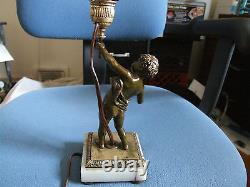 1900's Vintage French Bronze & Marble Boy Child Table Lamp. One of a Kind