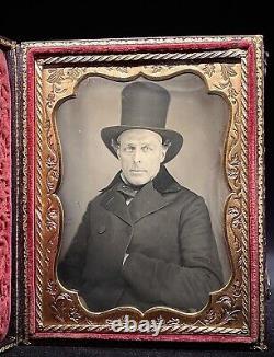 1/4 Plate Daguerreotype Distinguished Gent In Stovepipe Hat Great Full Case