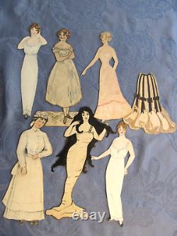 Antique 1900s Handmade Drawn Painted Paper Dolls One of a Kind 6 sets