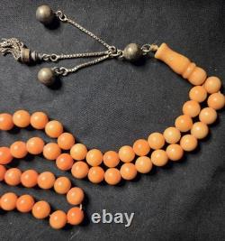 Antique Angel Skin Pink Coral Prayer Beads with Tassel Rare & One Of A Kind