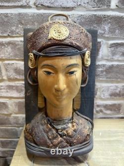 Antique One Of A Kind Wall Plaque Thai goddess Hand Carved Painted Sculpture