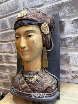 Antique One Of A Kind Wall Plaque Thai goddess Hand Carved Painted Sculpture