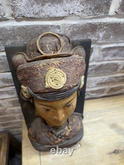 Antique One Of A Kind Wall Plaque Thai goddess Hand Carved Painted Sculpture