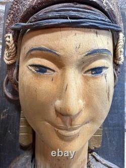 Antique One Of A Kind Wall Plaque Thai goddess Hand Carved Painted Sculpture