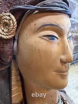 Antique One Of A Kind Wall Plaque Thai goddess Hand Carved Painted Sculpture