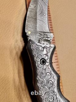 Artistic Hand Scrolled one of a kind Damascus Pocket Knife