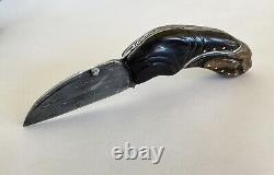 Bench Made Folding Art Knife Damascus Ebony Hackberry Unique One Of A Kind