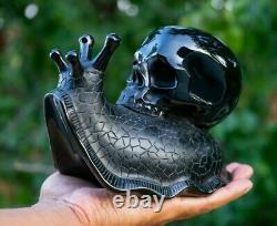 Black Obsidian Crystal Skull Snail Large Hand Carved 7.5 One of a Kind Piece