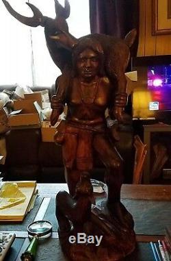 Black walnut Native american holding deer wood carving sculpture (one of a kind)