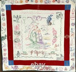 Book Worthy! PA Dated 1937 Pictorial CRIB Quilt Vintage Ship Motifs ONE of KIND
