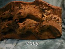 Collectible One of a kind Seven Horses Head Wood Carving Plaque figurine