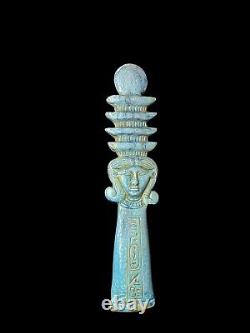 Goddess Hathor rare form with Djed Pillar symbol, One of a Kind Statuette