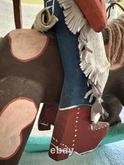 Hand Carved And Crafted One of A Kind Folklore Wood Cowboy On Rocking Horse