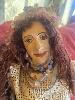 Handmade Gypsy Doll Ceramic Face One If A Kind 22 Hippy Beads 60's Collectible