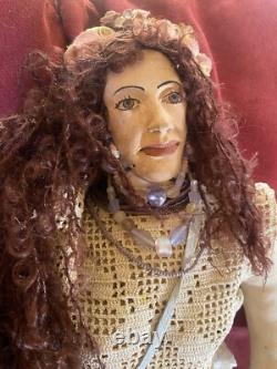 Handmade Gypsy Doll Ceramic Face One If A Kind 22 Hippy Beads 60's Collectible