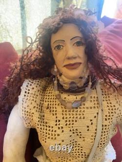 Handmade Gypsy Doll Ceramic Face One If A Kind 22 Hippy Beads 60's Collectible