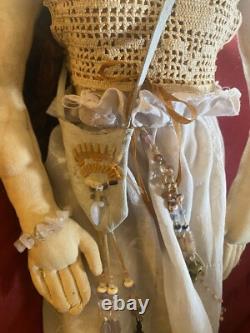 Handmade Gypsy Doll Ceramic Face One If A Kind 22 Hippy Beads 60's Collectible