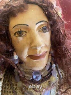 Handmade Gypsy Doll Ceramic Face One If A Kind 22 Hippy Beads 60's Collectible