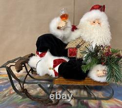 Handmade One of a Kind Lounging Santa on Sled holding a glass of Wine! Unsigned