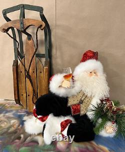 Handmade One of a Kind Lounging Santa on Sled holding a glass of Wine! Unsigned