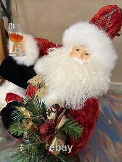 Handmade One of a Kind Lounging Santa on Sled holding a glass of Wine! Unsigned