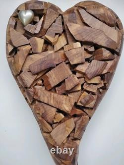 Handmade One of a Kind Wooden Chopped & Layered Heart Sculpture Back Together