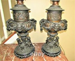 Huge Pair One Of A Kind 1880s Oil Lamp w Bacchus Heads, Cherubs, Floral Swags