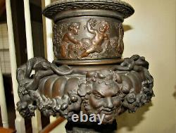 Huge Pair One Of A Kind 1880s Oil Lamp w Bacchus Heads, Cherubs, Floral Swags