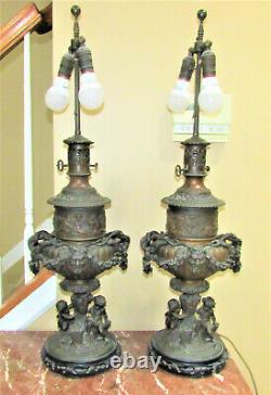 Huge Pair One Of A Kind 1880s Oil Lamp w Bacchus Heads, Cherubs, Floral Swags