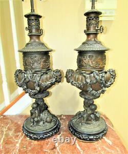 Huge Pair One Of A Kind 1880s Oil Lamp w Bacchus Heads, Cherubs, Floral Swags