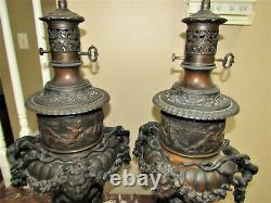 Huge Pair One Of A Kind 1880s Oil Lamp w Bacchus Heads, Cherubs, Floral Swags