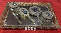 Jeweled One Of A Kind Silver Plated 10 Pc Vintage Vanity Set For Her None Used