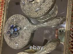 Jeweled One Of A Kind Silver Plated 10 Pc Vintage Vanity Set For Her None Used