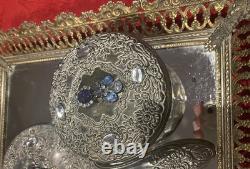 Jeweled One Of A Kind Silver Plated 10 Pc Vintage Vanity Set For Her None Used