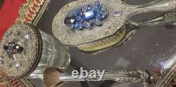 Jeweled One Of A Kind Silver Plated 10 Pc Vintage Vanity Set For Her None Used