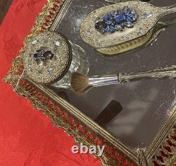 Jeweled One Of A Kind Silver Plated 10 Pc Vintage Vanity Set For Her None Used