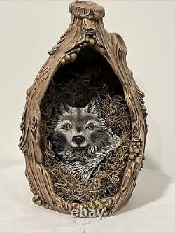 John Riggs Ceramic Sculpture Wolf In Tree One of a kind Rare Collectable! 13.5