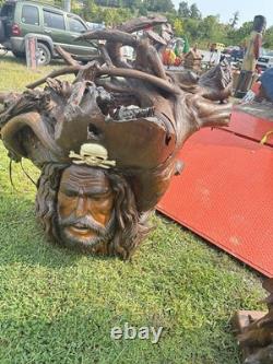 Large Teak Wood One of Kind Hand Carved Pirate Head Absolutely Stunning Piece