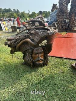 Large Teak Wood One of Kind Hand Carved Pirate Head Absolutely Stunning Piece
