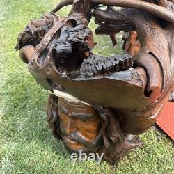 Large Teak Wood One of Kind Hand Carved Pirate Head Absolutely Stunning Piece