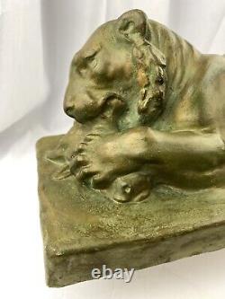 Lion Eating Prey Antique Plaster Statue Signed One Of A Kind