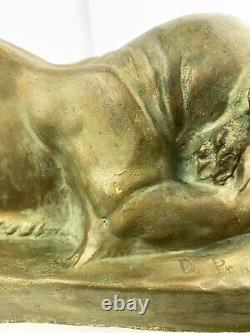 Lion Eating Prey Antique Plaster Statue Signed One Of A Kind