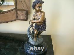 Maitland Smith Cast Brass Boy Fishing on Stone Base One of A Kind 1059-137