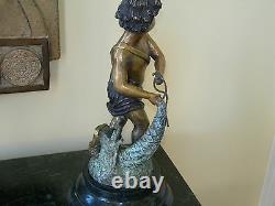 Maitland Smith Cast Brass Boy Fishing on Stone Base One of A Kind 1059-137