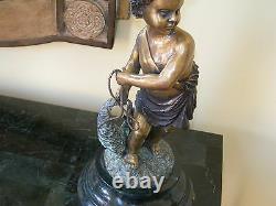 Maitland Smith Cast Brass Boy Fishing on Stone Base One of A Kind 1059-137