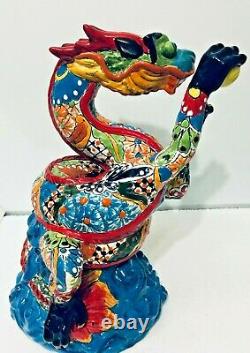 Mexican Talavera Animal Pottery Dragon Figure Folk Art 14 Rare One of a Kind