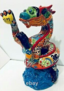 Mexican Talavera Animal Pottery Dragon Figure Folk Art 14 Rare One of a Kind