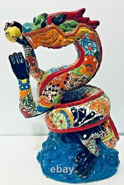 Mexican Talavera Animal Pottery Dragon Figure Folk Art 14 Rare One of a Kind