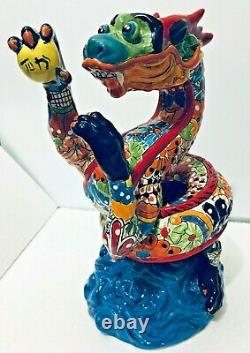 Mexican Talavera Animal Pottery Dragon Figure Folk Art 14 Rare One of a Kind